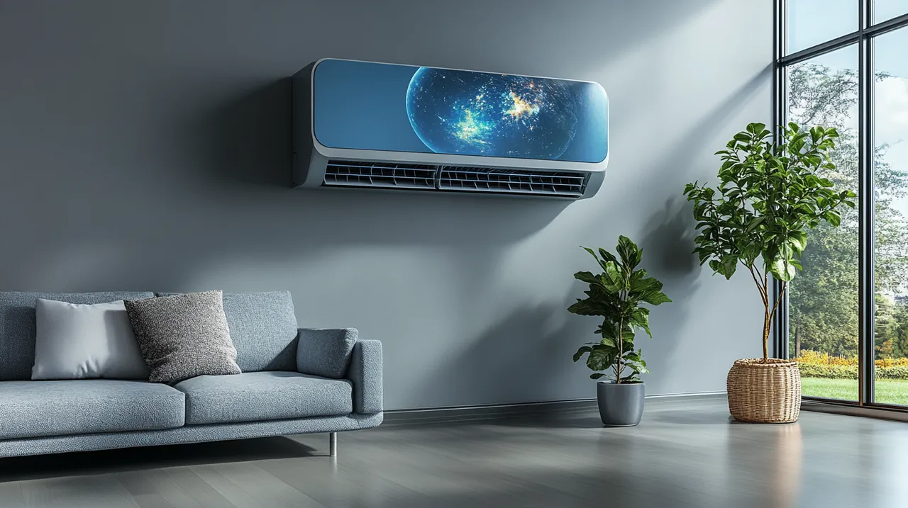 삼성 비스포크 무풍 갤러리 에어컨이 현대적인 거실에 미니멀한 느낌으로 설치되어 있습니다. 조용하고 우아한 디자인이 돋보입니다. 공기 정화 기능이 포함된 이 제품은 더 스타일리시한 환경을 조성합니다.