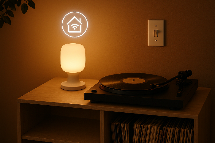 스마트 조명과 아날로그 기기가 공존하는 인테리어 공간