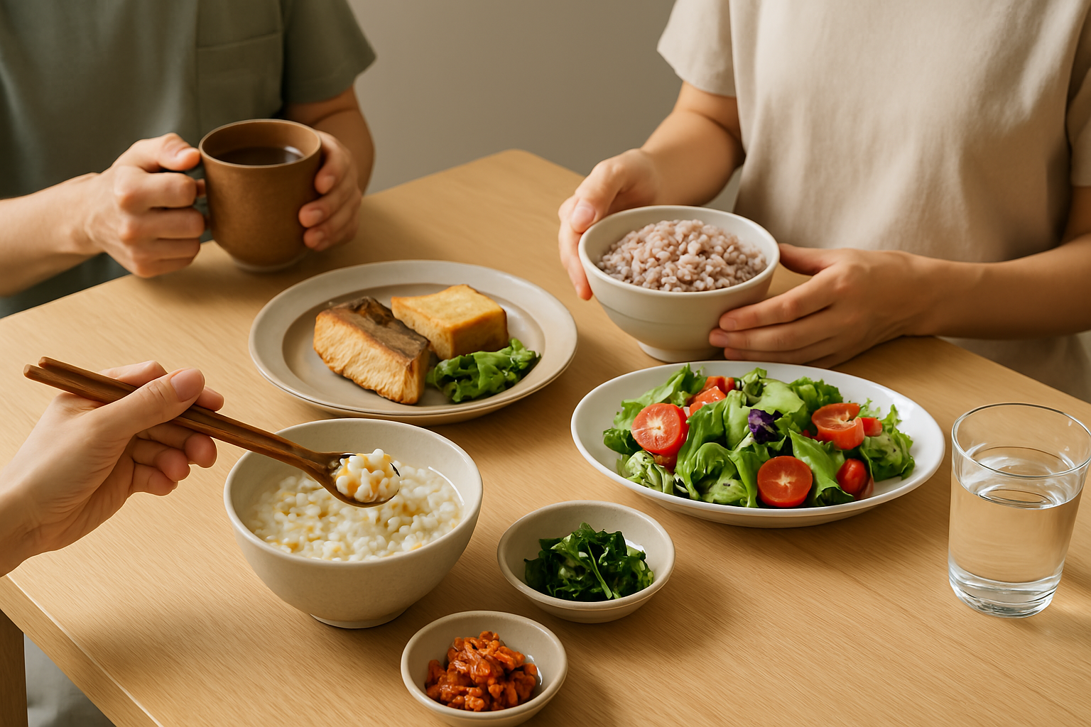 여름철 건강한 식사을 위해 따뜻한 죽, 생선, 샐러드 등 균형잡힌 식사를 하고 있는 사람들의 모습
