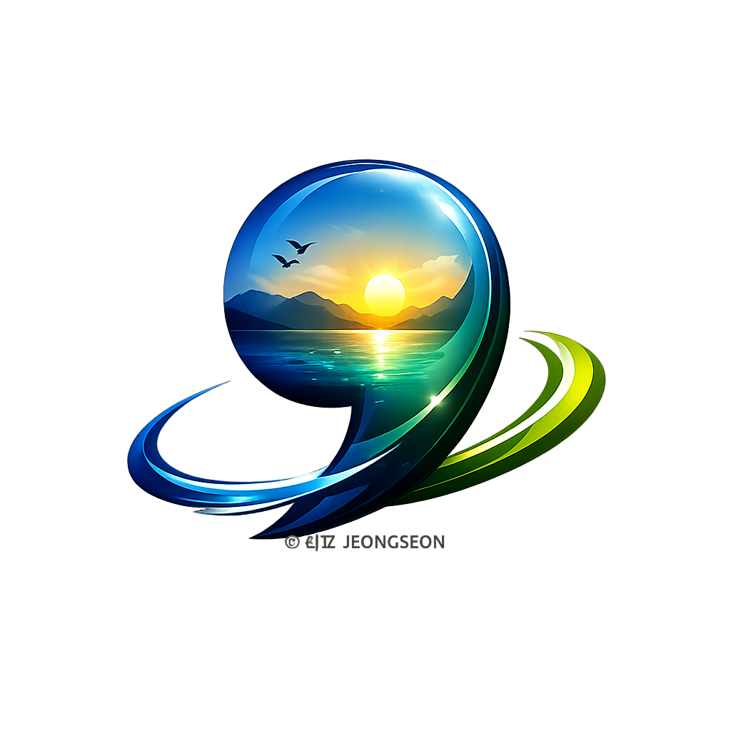 쉼표 로고와 새벽 바다 위 떠오르는 태양 상징 이미지