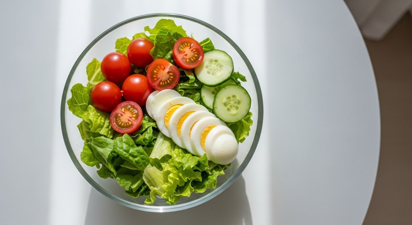 양상추, 오이, 방울토마토, 삶은 계란으로 만든 샐러드