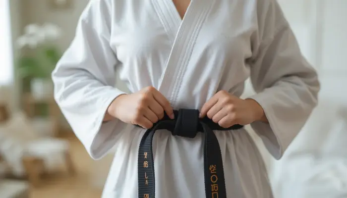 태권도 띠 매는법을 집에서 연습하는 한국인 소녀