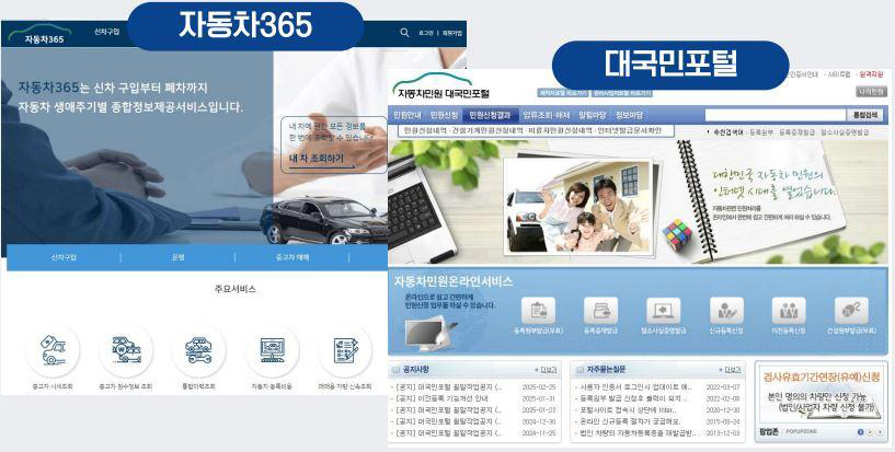 기존의 자동차365사이트와 대국민포털, 자동차등록,