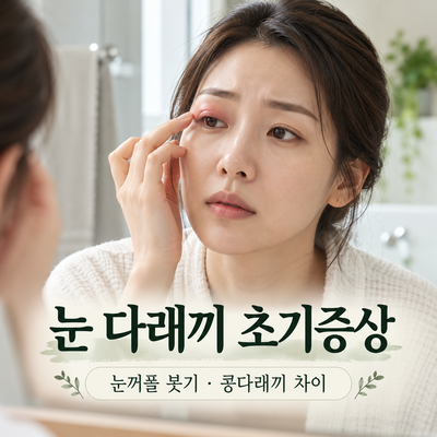 거울 앞에서 붉게 부은 윗눈꺼풀을 확인하는 여성과 다래끼 초기증상 제목
