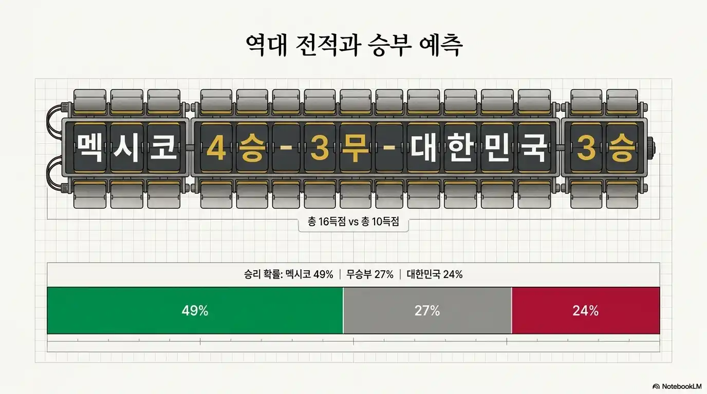 역대 전적 멕시코 4승 3무, 대한민국 3승. 승리 확률은 멕시코 49퍼센트, 무승부 27퍼센트, 대한민국 24퍼센트