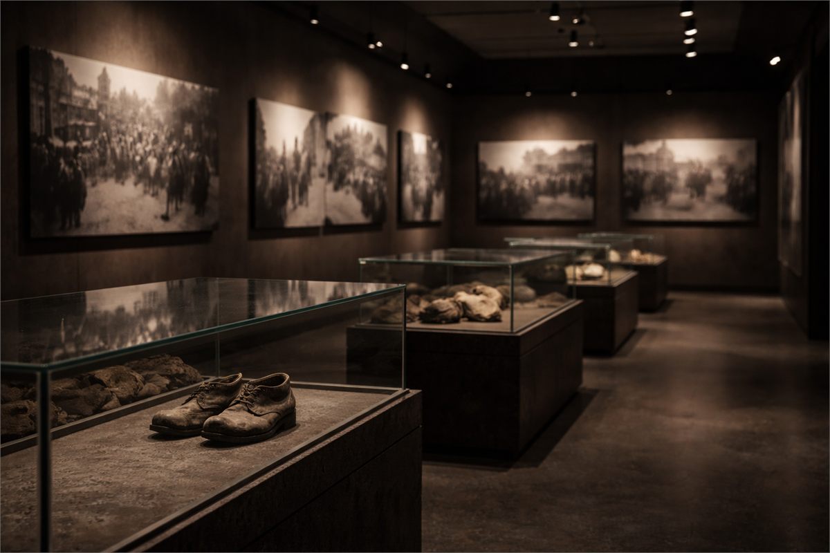 홀로코스트 전시관 내부를 조용히 보여 주는 장면