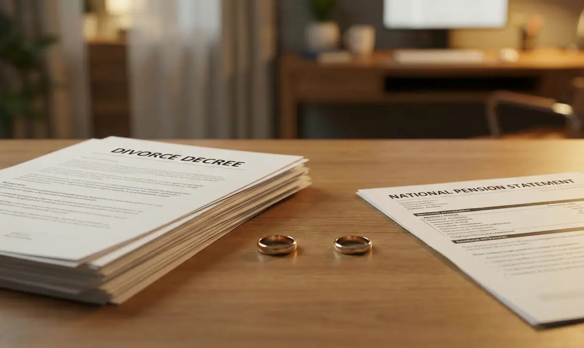 이혼 서류와 국민연금 증서가 테이블 위에 놓여 있는 모습
