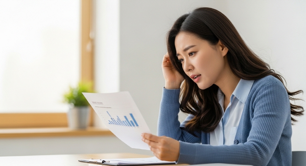 책상 위에 두 개의 안내문을 놓고 바라보는 남성