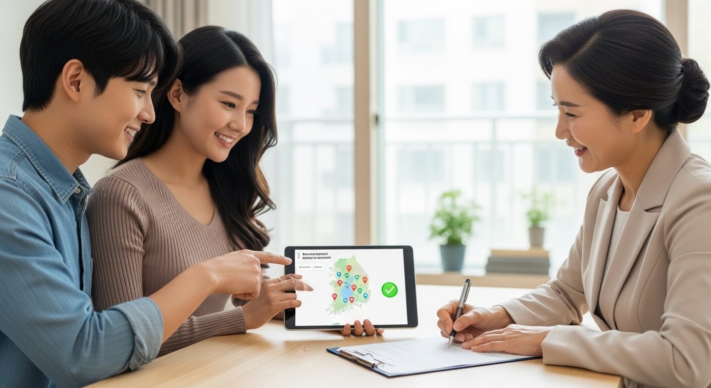 아이돌봄 서비스 상담 장면, 부모가 돌봄 정보를 확인하며 상담을 진행하는 모습