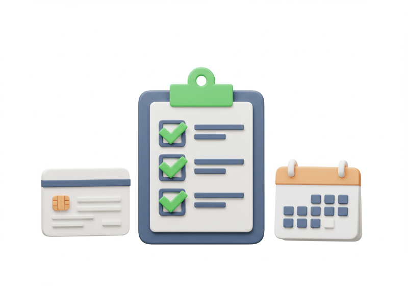 밝은 녹색 체크마크가 4개 있는 클립보드와 보험 카드, 달력 아이콘이 함께 있는 3D 아이콘