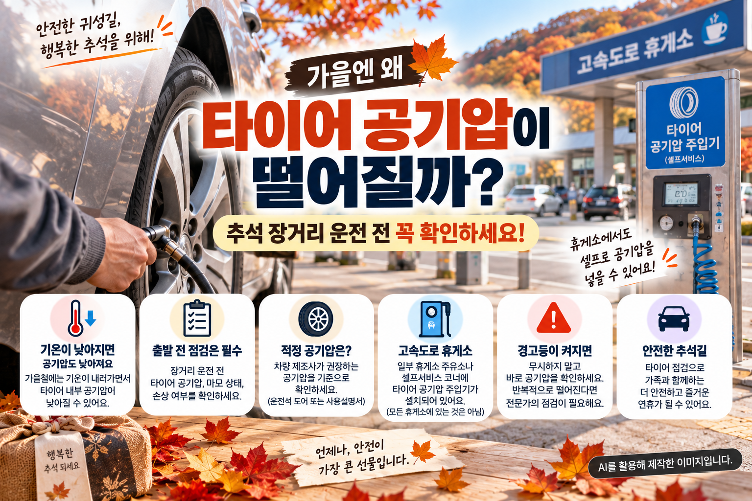 가을 타이어 공기압과 추석 장거리 운전 전 타이어 점검 및 휴게소 공기압 주입 방법