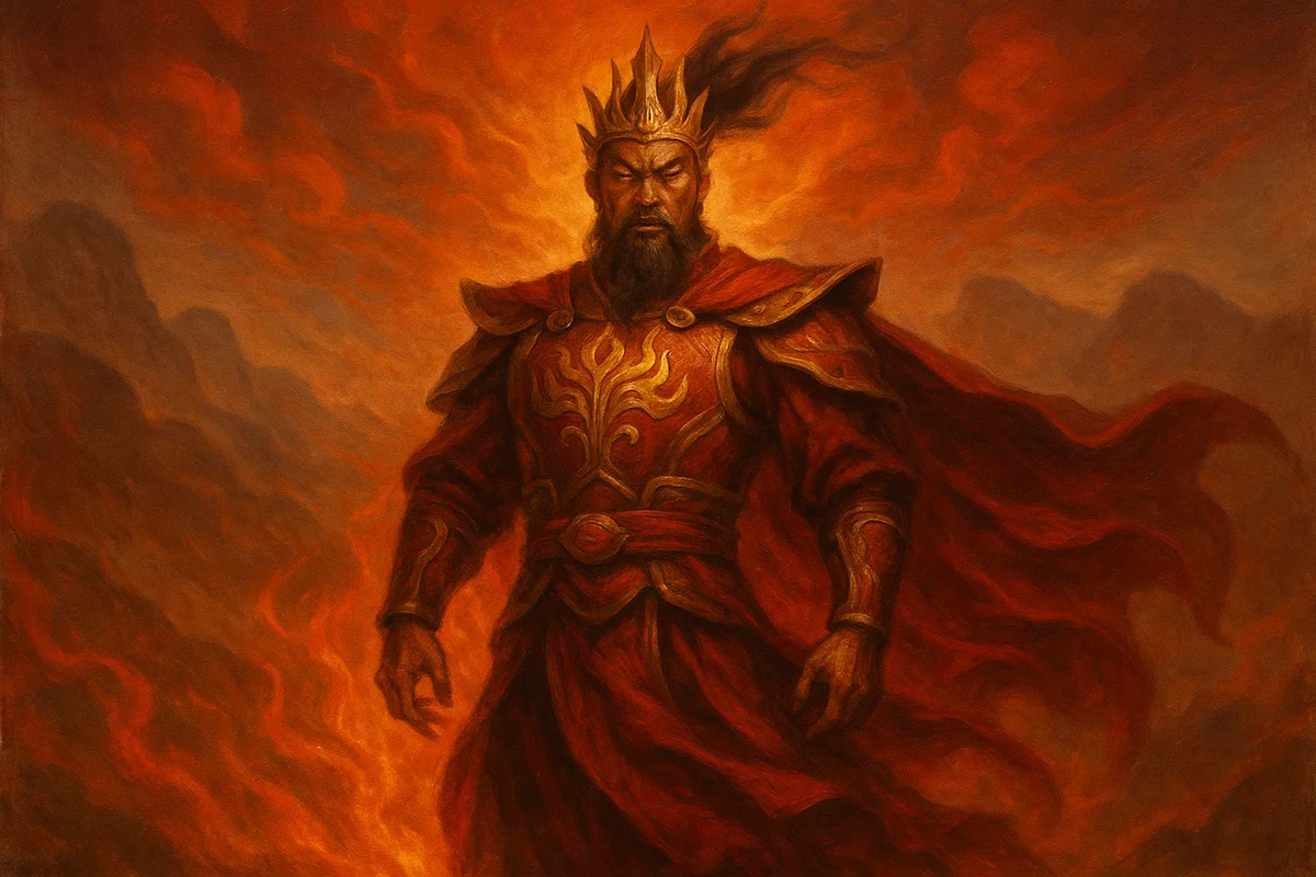 붉은 색채와 불꽃 문양으로 장식된 위엄 있는 염제의 모습을 담은 고전적 회화 스타일의 이미지