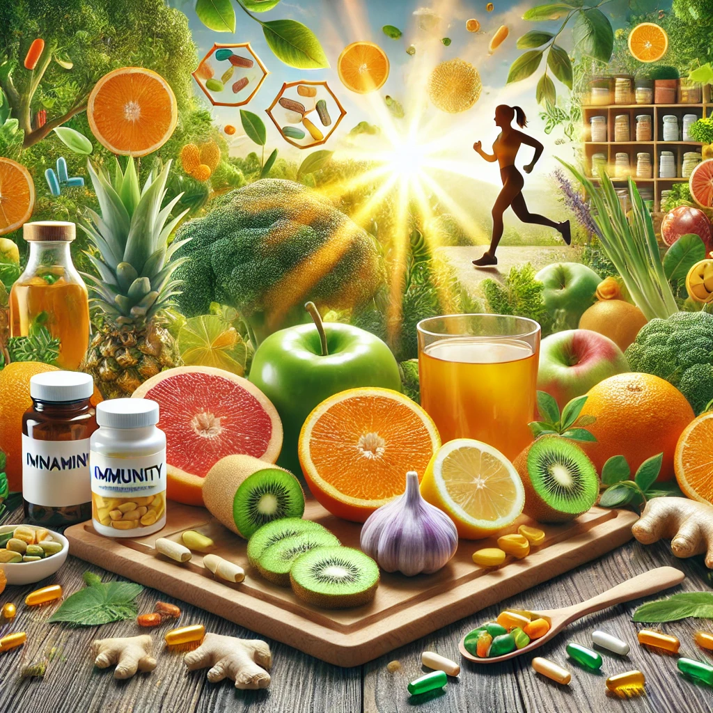 "건강한 생활 습관, 면역력 강화 식품, 비타민 C 과일, 오렌지, 레몬, 키위, 생강, 마늘, 브로콜리, 꿀, 영양제 추천, 건강 보조제, 허브차, 면역력 높이는 음식, 자연광 주방, 건강한 라이프스타일, 비타민 영양제, 건강 유지, 웰빙 식단, Healthy Lifestyle, Immune Boosting Foods, Vitamin C Fruits, Oranges, Lemons, Kiwis, Garlic, Ginger, Broccoli, Honey, Nutritional Supplements, Wellness Routine, Herbal Tea, Natural Healing, Superfoods, Energy-Boosting Diet"