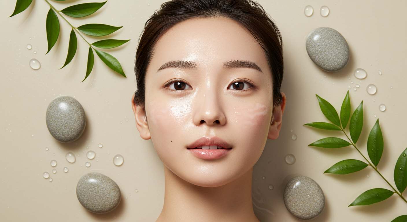 A serene, glowing face of a young Korean adult with clear, healthy skin under soft morning light, surrounded by natural elements like clean water droplets, smooth stones, and delicate green leaves. The overall mood is gentle, hopeful, and uplifting — representing skin healing, personalized care, and wellness. No text, ultra-realistic, editorial photography style.