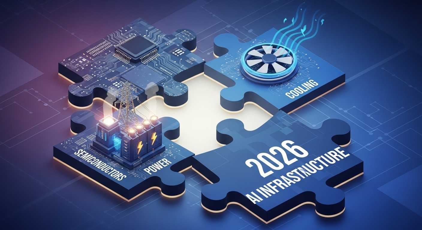 Illustration of puzzle pieces (semiconductors, power, cooling) coming together to complete the big picture labeled '2026 AI Infrastructure'.