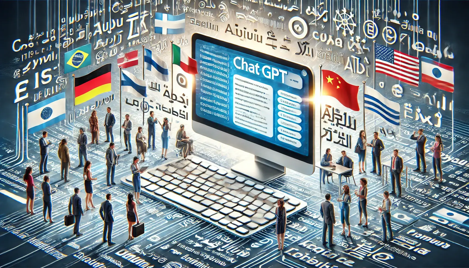 컴퓨터 화면에는 한 언어에서 다른 언어로 번역되는 텍스트가 표시되어 있고, 주변에는 여러 언어를 나타내는 시각적 요소들이 배치되어 있습니다