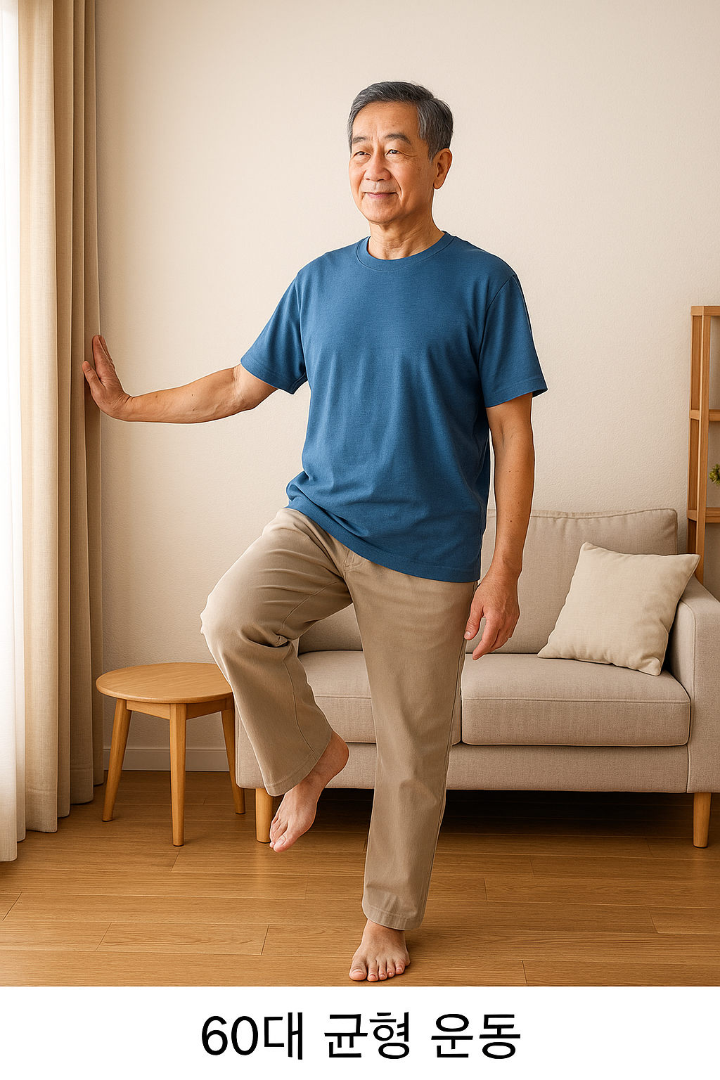 한 발로 서서 균형을 유지하는 60대 남성