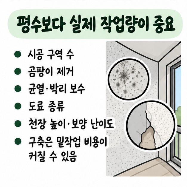 시공 구역 수와 곰팡이·균열·박리 보수, 도료 종류, 천장 높이와 보양 난이도에 따라 가격이 달라짐을 정리한 카드