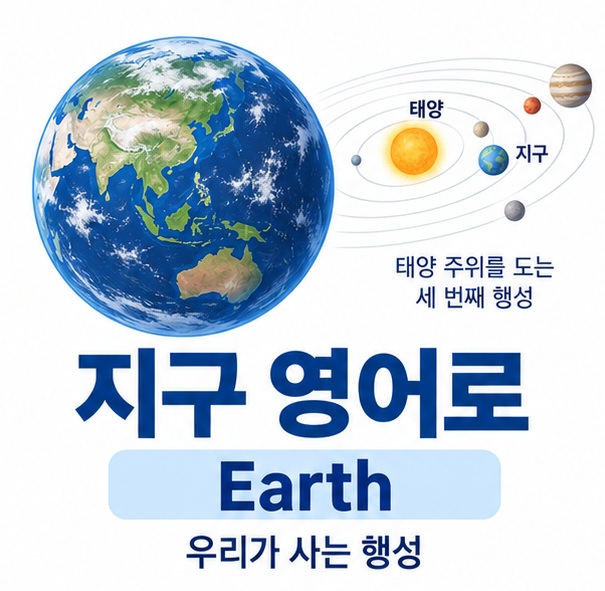 지구 영어로 Earth와 푸른 행성 지구를 함께 보여주는 교육용 이미지