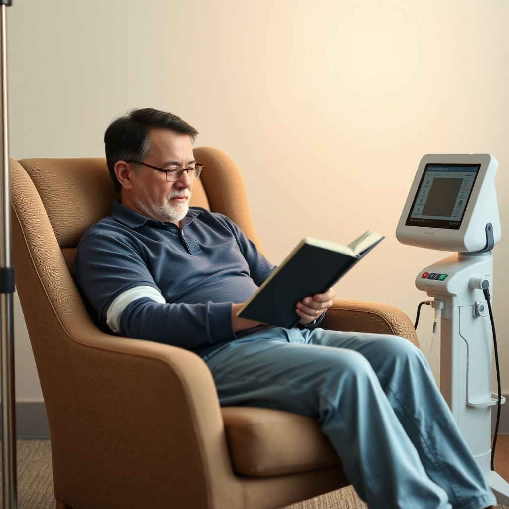 편안한 의자에 앉아 혈액 자동분반기(Apheresis machine)에 연결된 팔을 보여줍니다. 기증자가 책을 읽거나 편안하게 휴식하는 모습으로, 안전하고 비교적 간단한 과정임을 부각합니다.