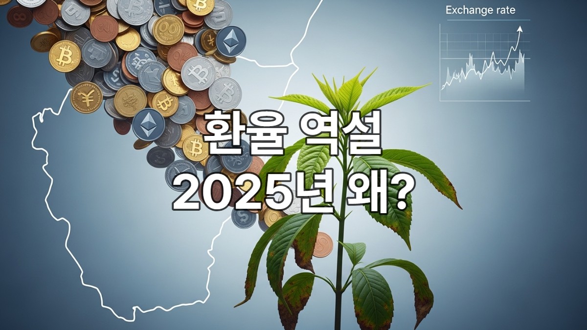 경상수지 흑자에도 불구하고 환율이 상승하는 역설적인 상황을 보여주는 개념적 이미지. 튼튼한 경제 지표와 달리 해외 투자로 인한 자본 유출이 원화 가치를 약화시키는 모습을 표현.