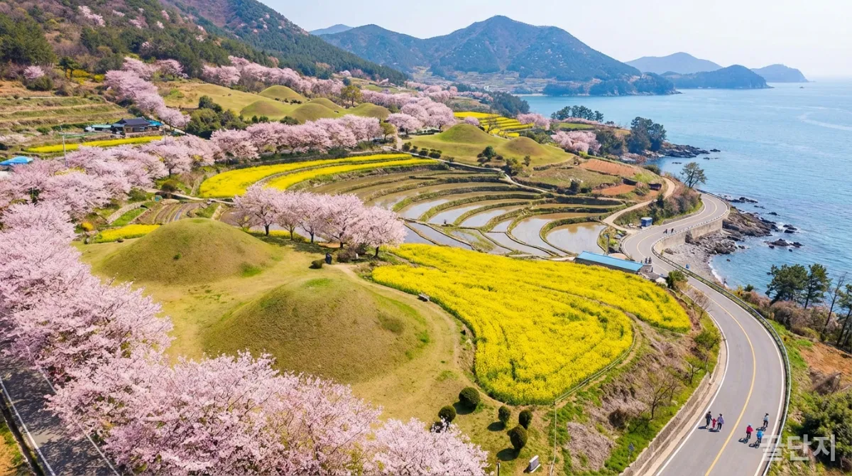 경주 또는 남해의 봄 풍경을 담은 항공 사진