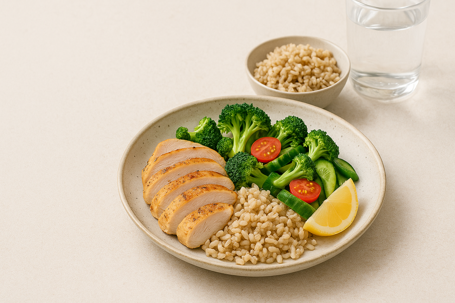 닭가슴살, 현미밥, 브로콜리, 오이, 방울토마토, 레몬으로 구성된 균형 잡힌 다이어트 식단이 담긴 접시와 물 한 잔, 곡물밥 한 그릇이 놓여 있는 건강한 식사 장면