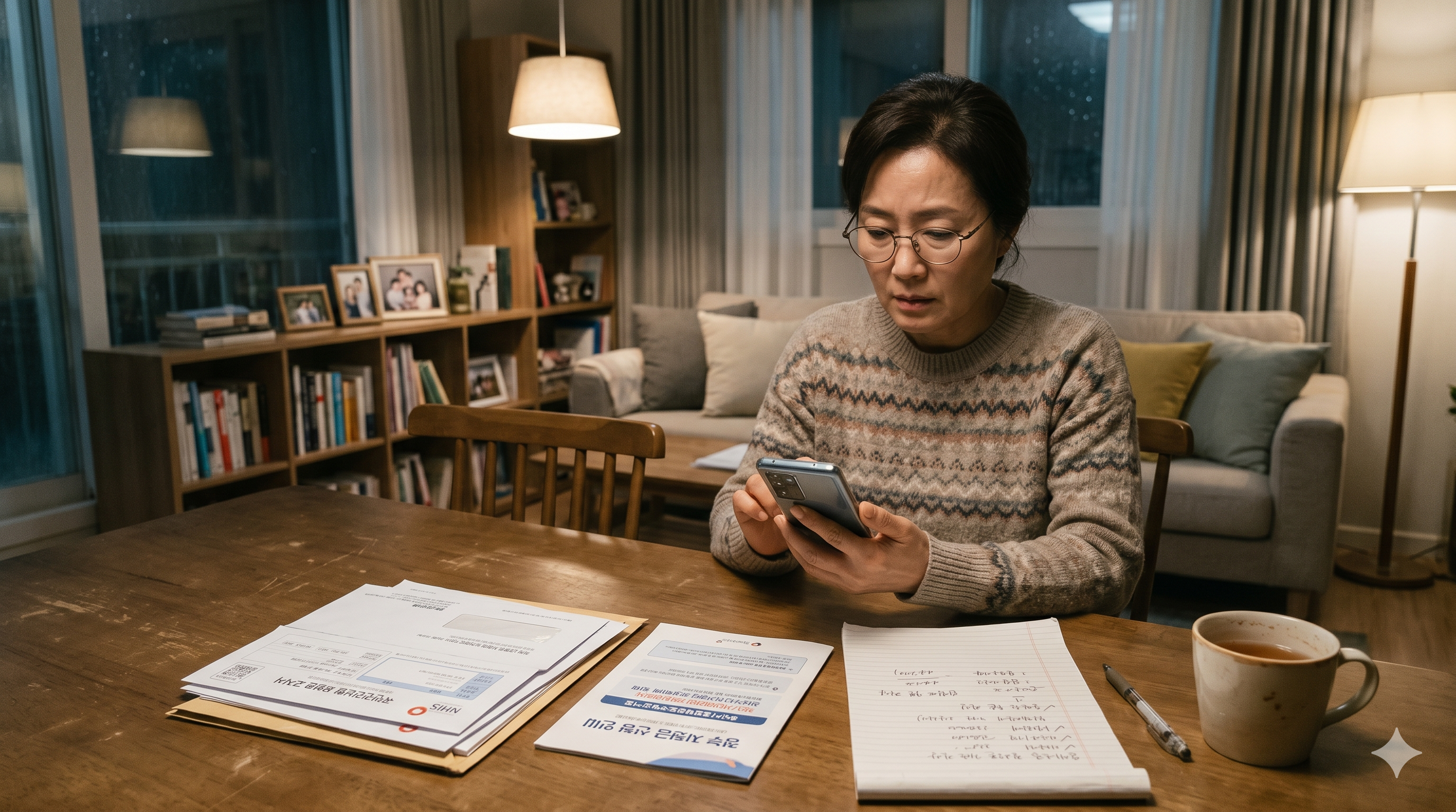 국민건강보험 앱으로 건강보험료를 조회하며 복지 기준을 확인하는 모습