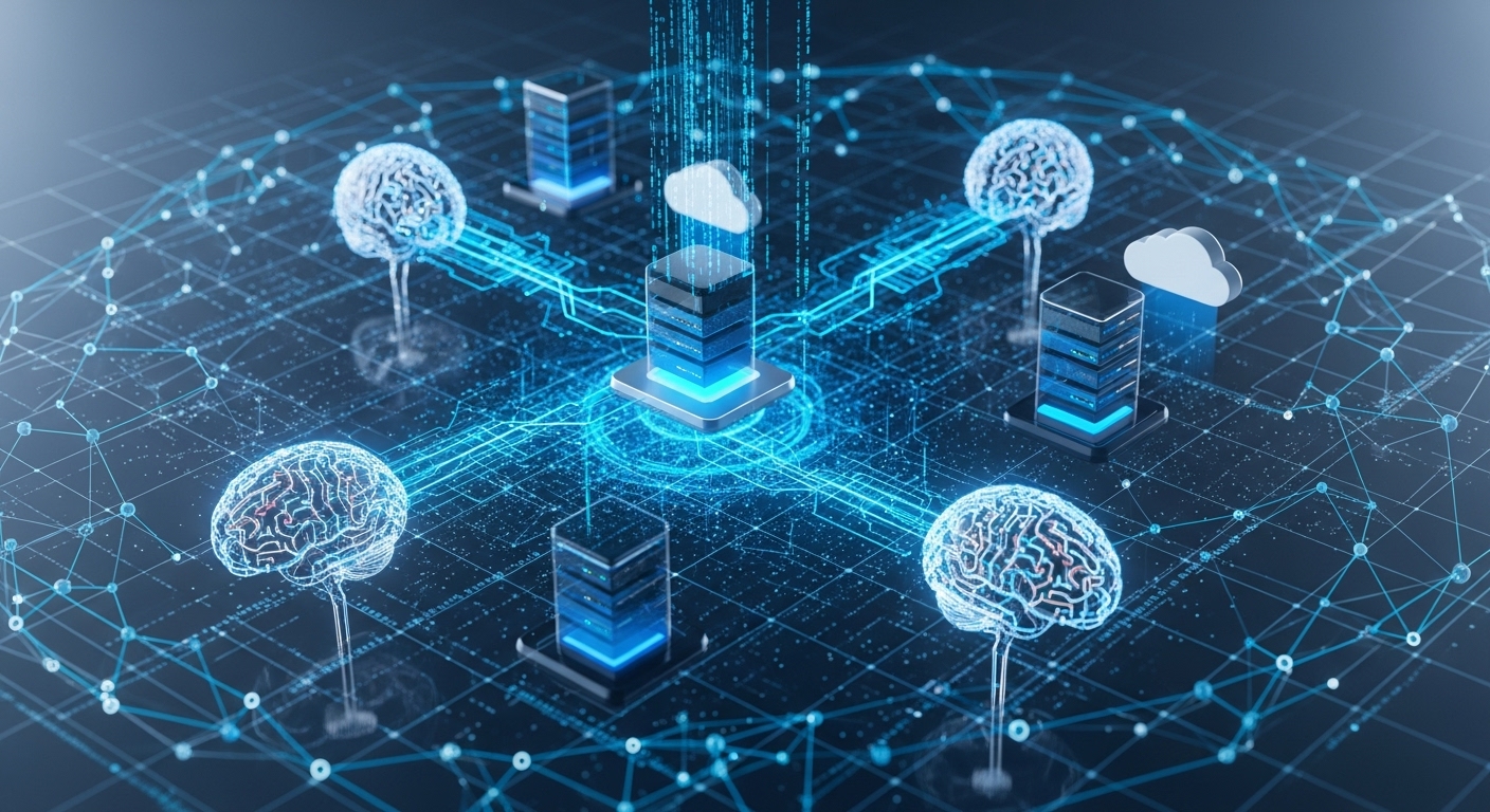 인공지능, 클라우드, 데이터가 유기적으로 연결된 미래 기술의 복잡하고 역동적인 모습을 담은 디지털 일러스트.