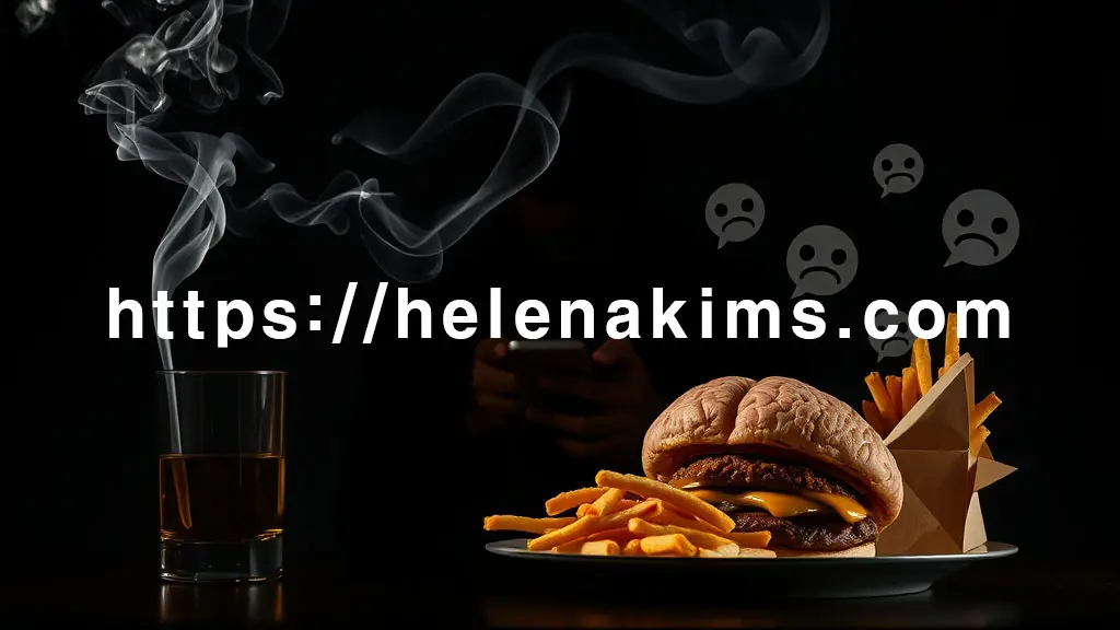 어둡고 톤 다운된 배경의 고급 그래픽 아트. 담배 연기, 술잔, 기름진 패스트푸드, 스마트폰을 보며 움직임 없는 사람의 실루엣, 그리고 찡그린 표정의 스트레스 아이콘들이 흐릿하게 뇌 모형 주변을 둘러싼 모습.