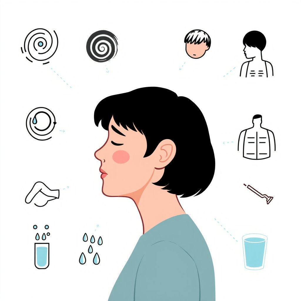 어지럼증, 두통, 무기력증, 구토, 가슴 답답함, 땀 흘림, 갈증 등의 증상을 아이콘이나 삽화 형태로 배열하고, 중앙에 열감이나 피로감을 느끼는 사람의 옆모습을 배치하여 전반적인 불편함을 표현합니다.