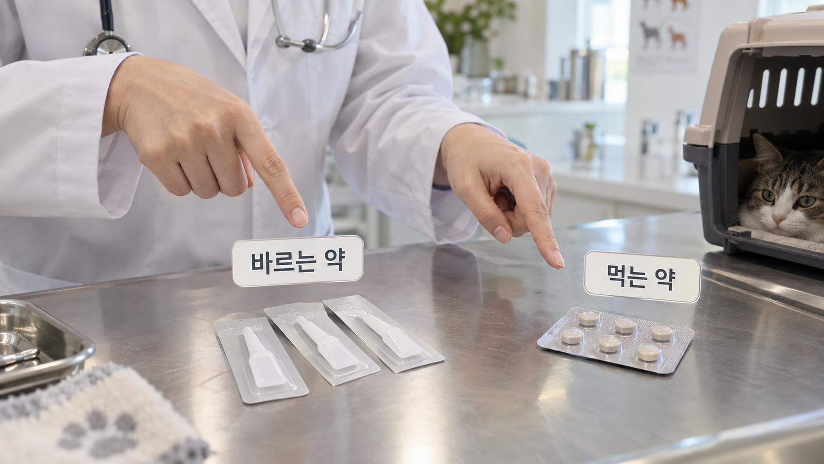 바르는 약과 먹는 약을 나란히 둔 진료 테이블