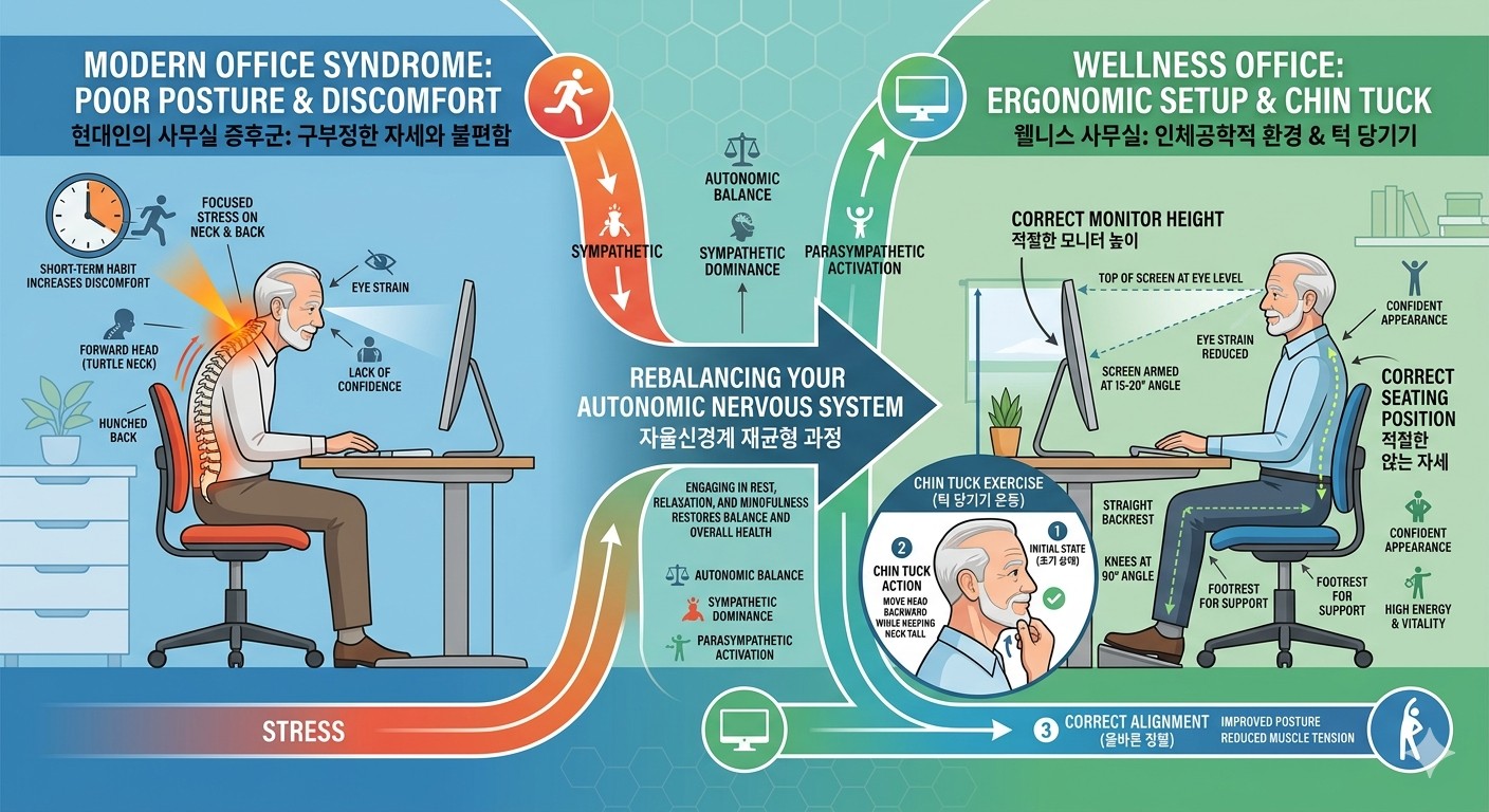 사무실에서 의자에 앉아 업무중 턱 당기기 자세와 모니터 높이 조절 등 사무환경 세팅을 실천하는 이미지