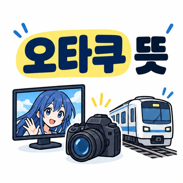 일본어 오타쿠 표현과 취미 아이콘 옆에 오타쿠 뜻 제목을 크게 배치한 카드