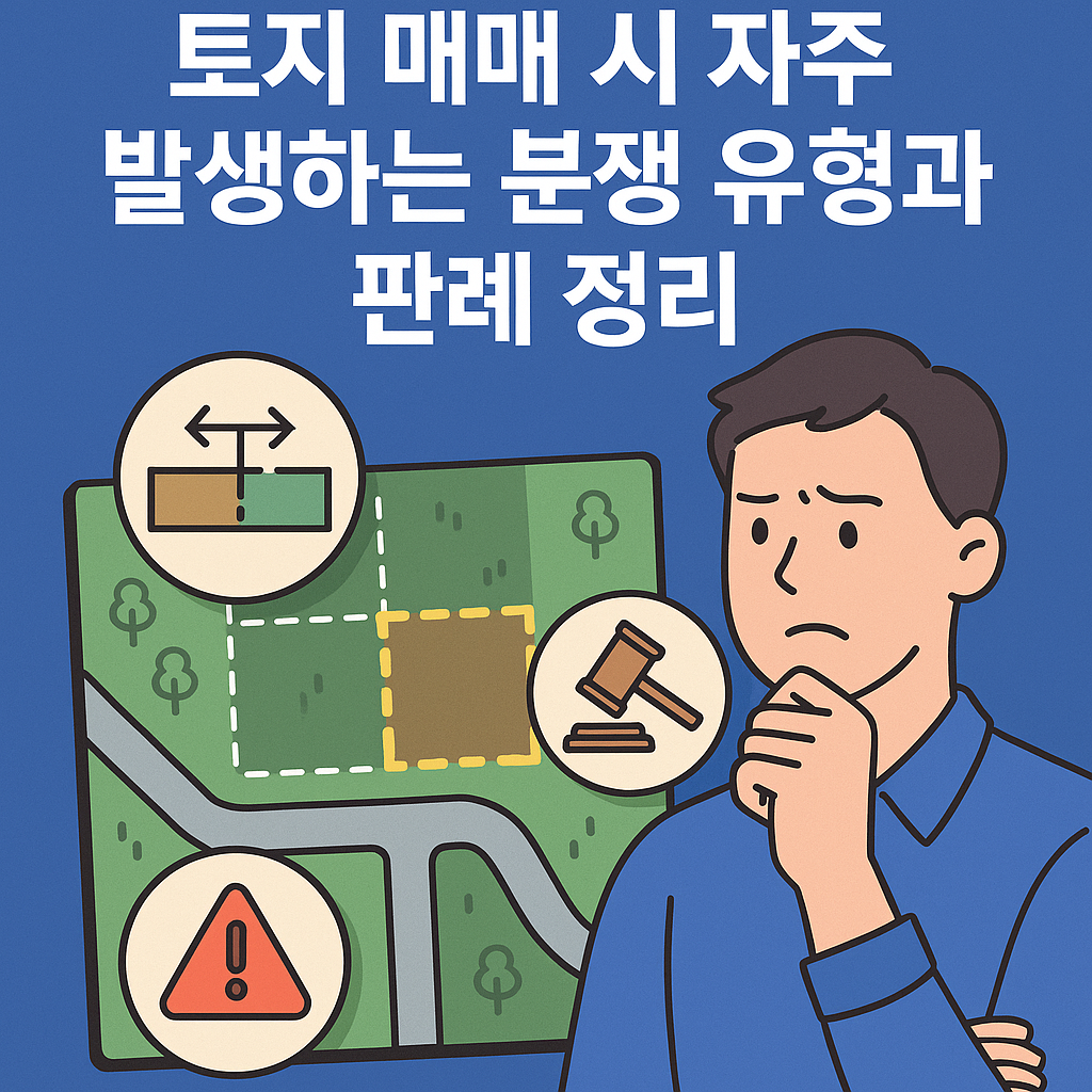 토지 매매 계약 전 분쟁을 걱정하는 남성과 분할된 땅 이미지 &ndash; 경계, 도로, 지분 등의 법적 이슈를 상징하는 일러스트