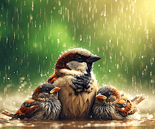 참새 가족이 비를 흠뻑 밪고 길바닥에 앉아있다. 어미 참새와 아기참새 두 마리다.