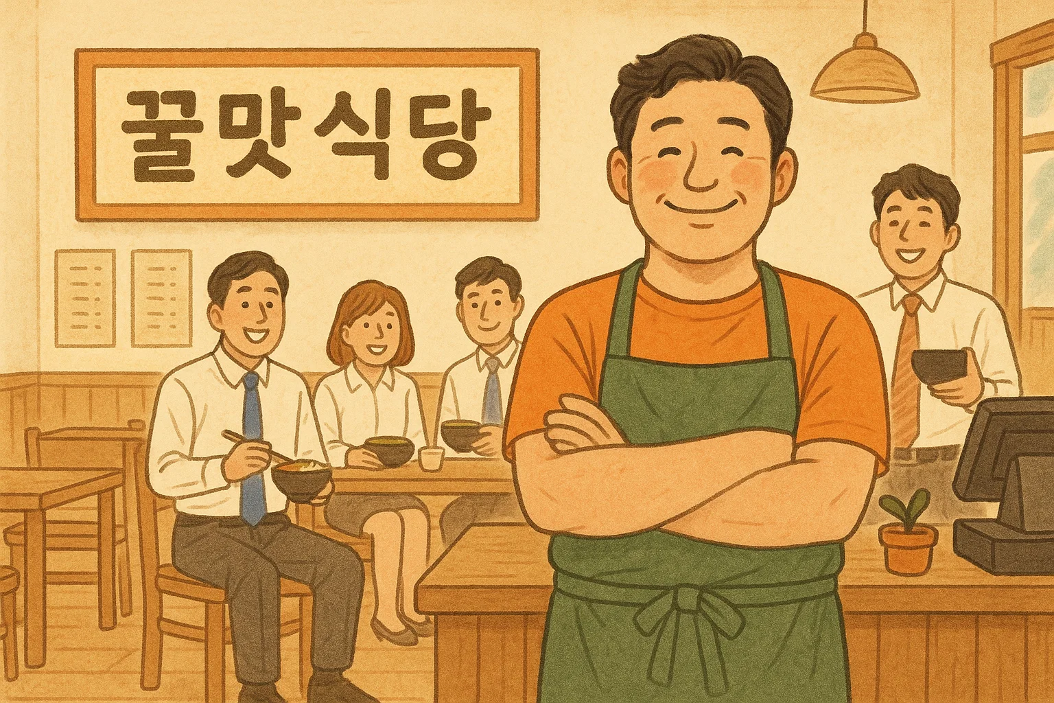 미소를 짓고있는 사장님과 직장인들