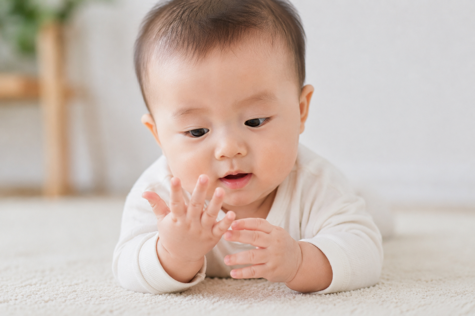 하얀색 카펫 위에 엎드린 아기가 자신의 손을 눈앞으로 가져와 호기심 가득한 표정으로 꼼꼼히 관찰하고 있는 모습이다. 아기는 자신의 손가락을 하나하나 살피며 신기하다는 듯이 바라보고 있으며, 주변의 다른 사물보다 자신의 신체 일부인 '손'을 처음 발견하고 탐색하는 발달 과정의 중요한 순간을 담고 있다.