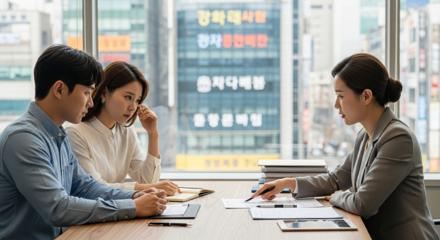 서울 부동산 중개소에서 고객이 상담 중인 장면