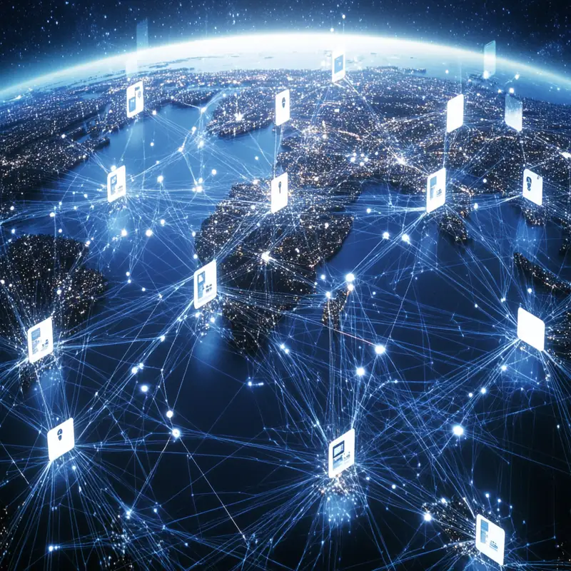 여러 대륙과 산업을 연결하며 성장과 연결성을 암시하는 글로벌 AI 시장의 개념적 이미지.