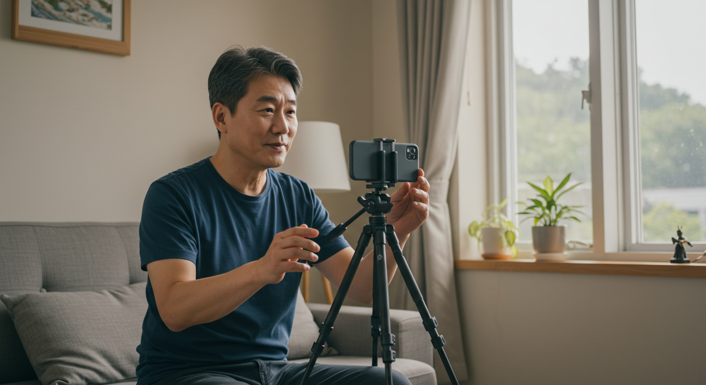 집에서 영상 촬영 중인 남성