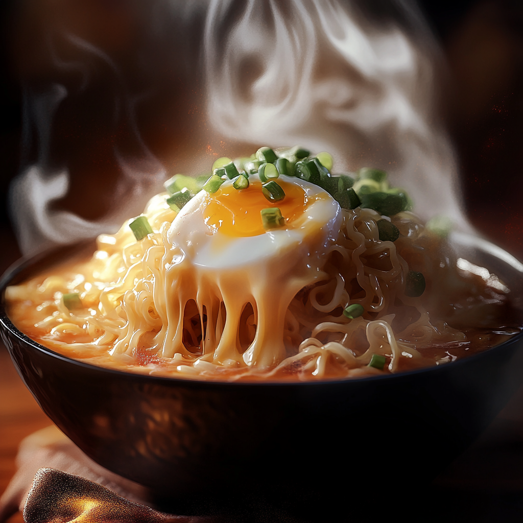 녹아내리는 치즈가 올라간 라면 한 그릇