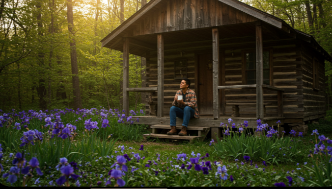 숲속 오두막 앞에서 차를 마시는 사람의 모습