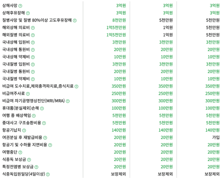 한 보험회사의 해외여행자보험 항목별 보상내용 (출처-https://lifestorywithtrip.tistory.com/69)