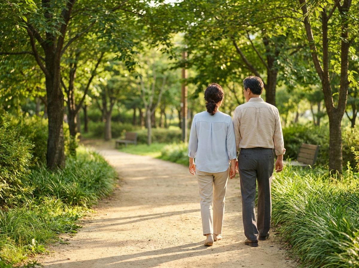 공원 흙길을 나란히 걷는 한국인 중년 부부의 뒷모습