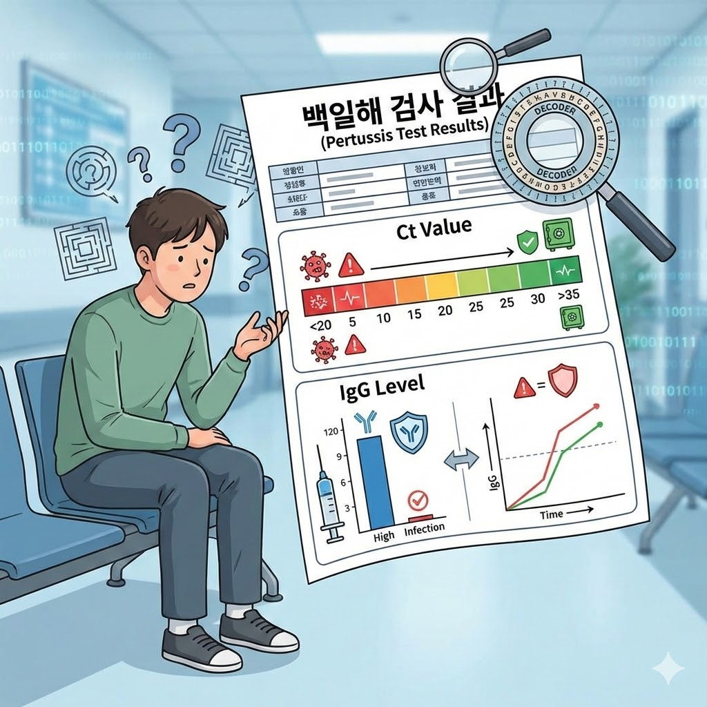 백일해 검사 결과지를 들고 Ct값과 IgG 수치를 이해하지 못해 혼란스러워하는 환자와 전염력 판독 그래픽을 함께 보여주는 일러스트