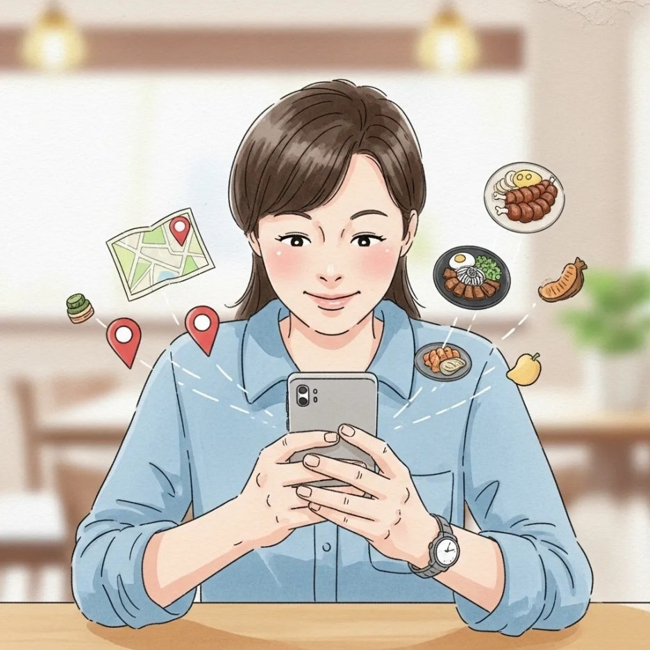 스마트폰으로 맛집 정보를 검색하는 사람
