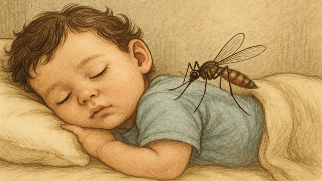 '모기가 아이를 무는 모습'의 이미지