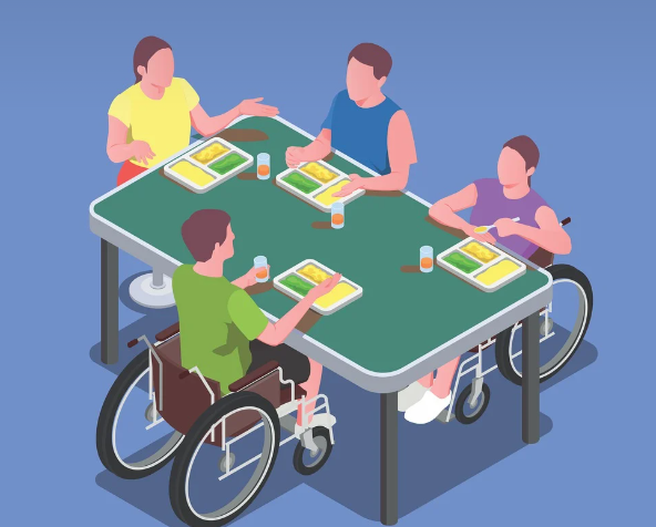 휠체어 탄 아이들 점심 먹는 이미지