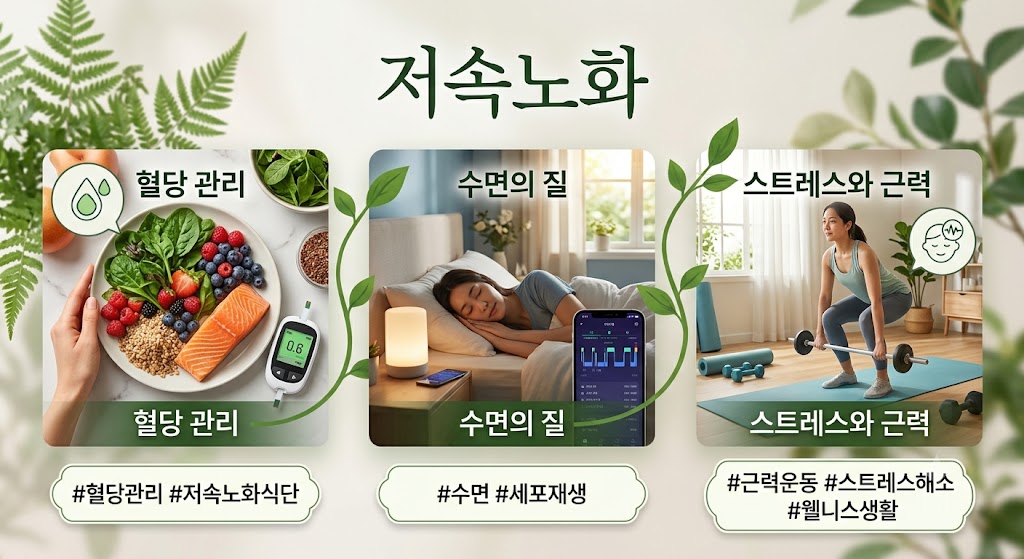 저속노화의 주요 요소인 혈당 관리, 수면의 질, 스트레스와 근력 관리를 나타낸 종합 정보 이미지